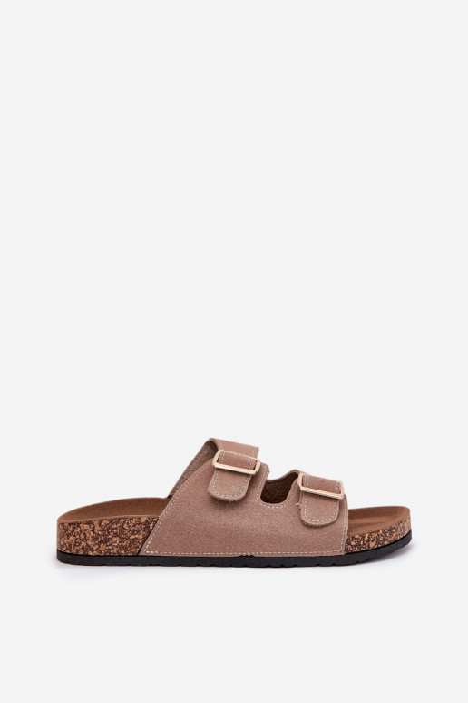 Damenhausschuhe Ze goldene Farbemi mit Schnallenmi I Przeszyciami Khaki-Farbe Lunera