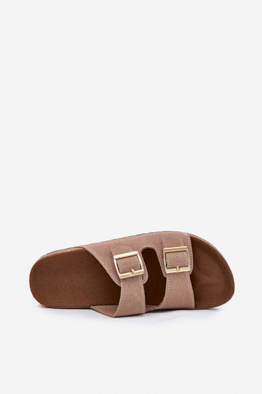 Damenhausschuhe Ze goldene Farbemi mit Schnallenmi I Przeszyciami Khaki-Farbe Lunera