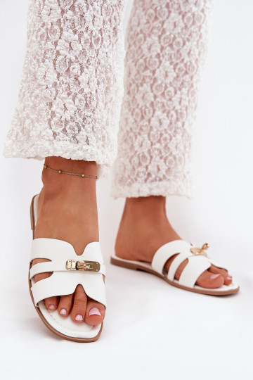 Weiße flache Damen-Slipper mit Streifen und goldfarbenen Details Kerenza 2