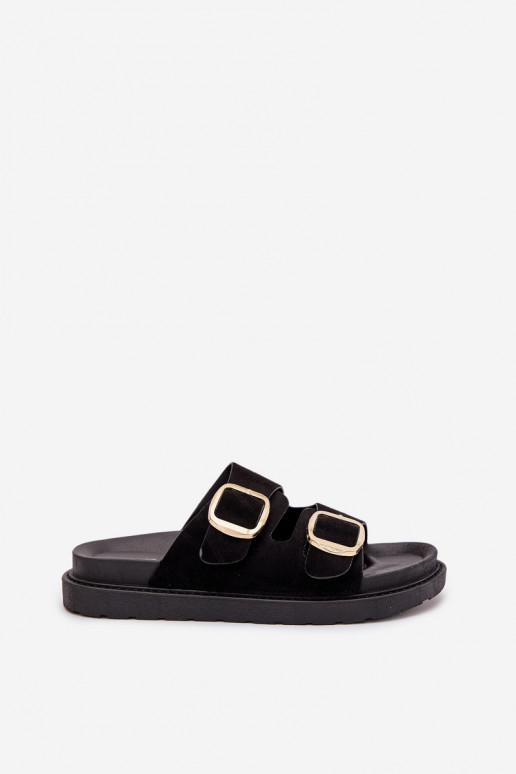 Damenhausschuhe mit einer Plattform Ze goldene Farbemi mit Schnallenmi schZuarze Farbe Verena