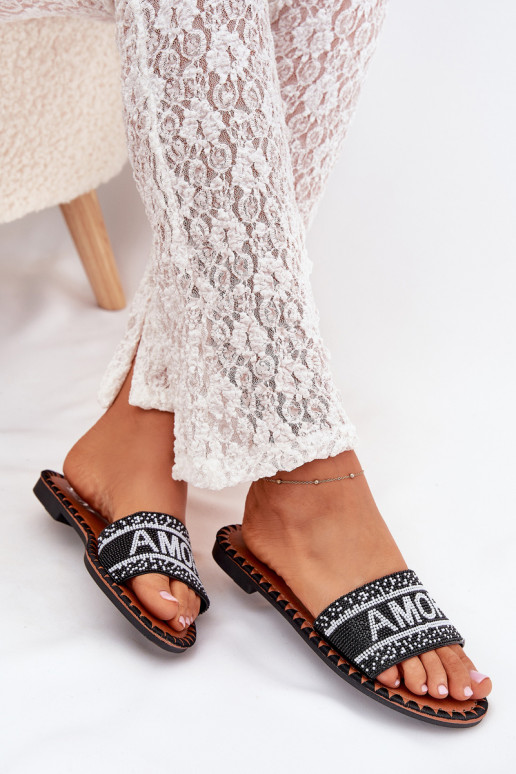 Damenhausschuhe mit breiten Absätzen Mit Dekoration Amore schZuarze Farbe Avelina