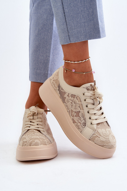 mit Spitzenmotiven Sneakers Stilvollllschuhe Feminin mit einer Plattform S.Barski HY025 Beige