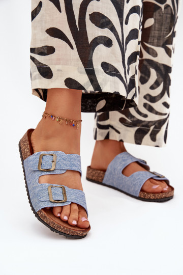 Damen Pantoletten aus hellblauem Jeansstoff mit Plattform und Schnallen Vesina 2