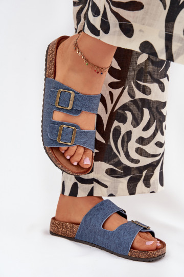Damen Pantoletten aus dunkelblauem Jeansstoff mit Plattform und Schnallen Vesina