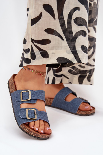 Damen Pantoletten aus dunkelblauem Jeansstoff mit Plattform und Schnallen Vesina 2