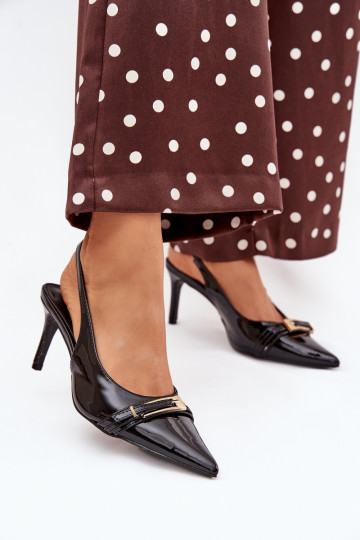 mit Lackeffekt Schuhe mit dünnen Absätzen mit goldenen Schnallen schZuarze Farbe Vivae