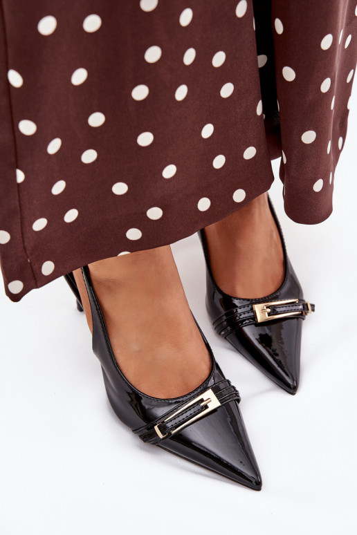 mit Lackeffekt Schuhe mit dünnen Absätzen mit goldenen Schnallen schZuarze Farbe Vivae