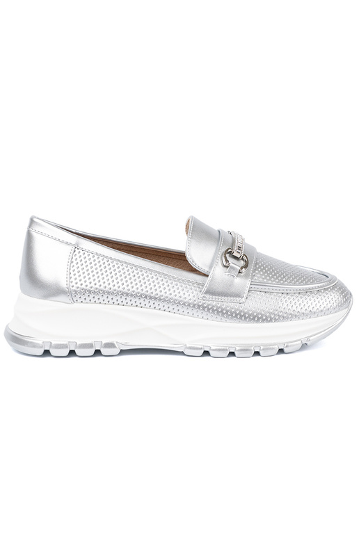 Silberfarbe Mokassins z dekoracyjnym goldenm elementem