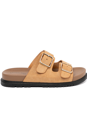 Karamellfarbe Hausschuhe Frauen ze goldenmi klamrami 2