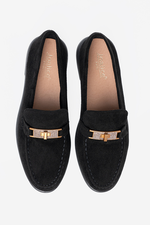 schZuarze Farbe aus INildleder Mokassins z elegancką złotą ozdobą