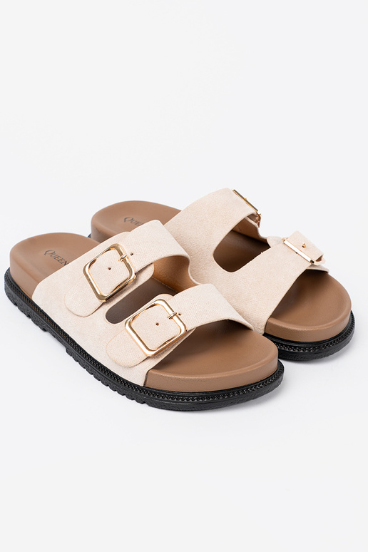 Modische Damenhausschuhe hellBeige z zamszoZuym Zuykończeniem