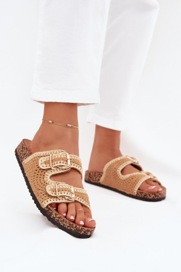 Gehäkelte Damen-Pantoffeln mit goldenen Schnallen, in braun „Fenira" 2