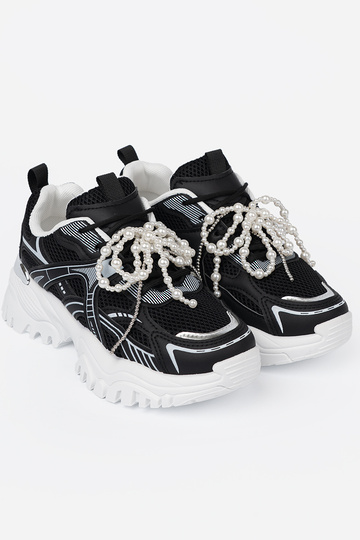 schZuarze Farbe Sneakers Stilvollllschuhe z białą kokardą i koralikami