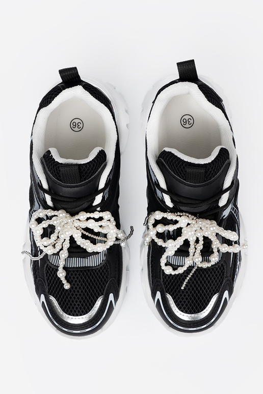 schZuarze Farbe Sneakers Stilvollllschuhe z białą kokardą i koralikami