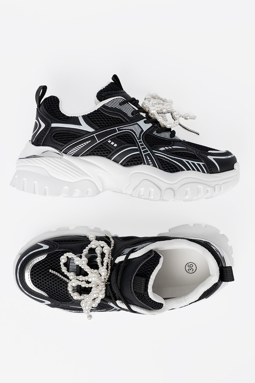 schZuarze Farbe Sneakers Stilvollllschuhe z białą kokardą i koralikami