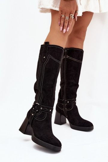 Damen gefütterte hohe Stiefel mit Absatz und dekorativen Nähten, schwarz Alessara 2