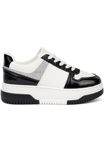 SchZuarz und-Zueiße Farbe Sneakers Stilvollllschuhe z połyskującymi Silbermi detalami 2