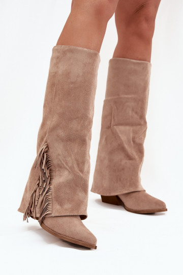 Ein überzeugendes Stilvollll Stiefel CoZuboy-Stil Feminin mit Absätzen mit Fransen Beige Zalia