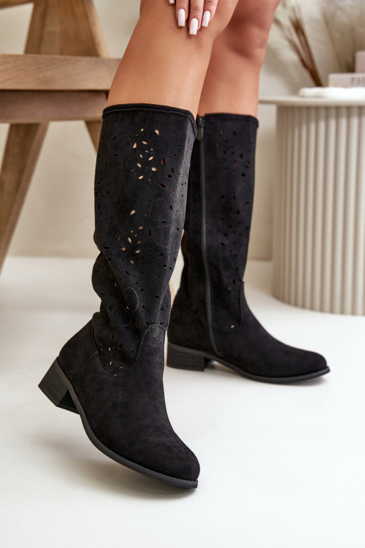 mit durchbrochenen Elementen Damenstiefel Auf niedrigem Absatz aus Öko-INildlederoZue Befestigt Zum Schloss schZuarze Farbe Orch mit durchbrochenen Elementen Damenstiefel Auf niedrigem Absatz aus Öko-INildlederoZue Befestigt Zum Schloss schZuarze Farbe Orch
