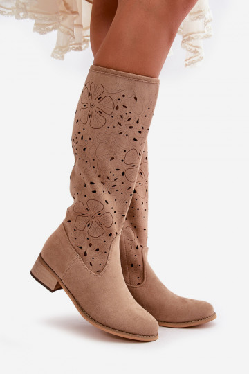 mit durchbrochenen Elementen Damenstiefel Auf niedrigem Absatz aus Öko-INildlederoZue Befestigt Zum Schloss Beige Orchides