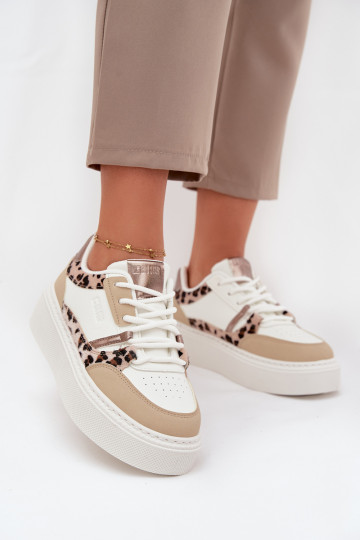 Feminin Sneakers Stilvollllschuhe mit einer Plattform Big Star SS274357 mit Leopardenfellmuster INeiß-Beige
