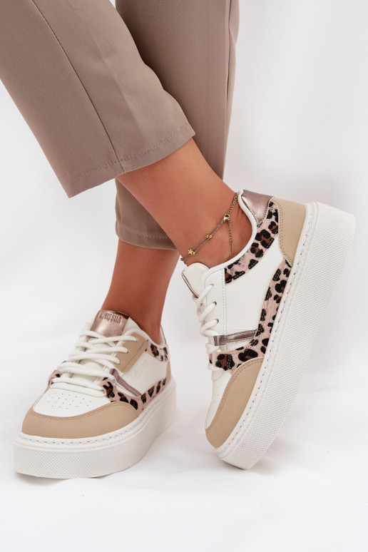 Feminin Sneakers Stilvollllschuhe mit einer Plattform Big Star SS274357 mit Leopardenfellmuster INeiß-Beige