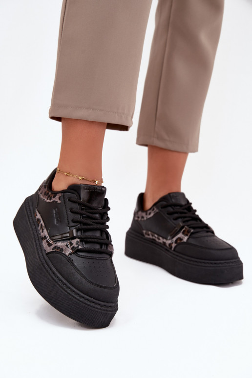 Feminin Sneakers Stilvollllschuhe mit einer Plattform Big Star SS274358 mit Leopardenfellmuster schZuarze Farbe