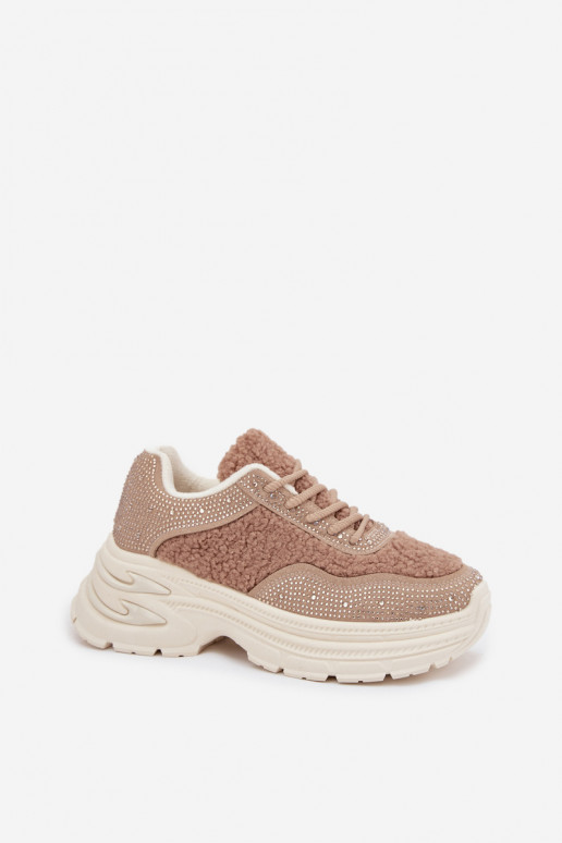 Sneakers Stilvollllschuhe Feminin mit blitzenden Augen und ein Pelzmantel Typu Baranek Beige Zarika