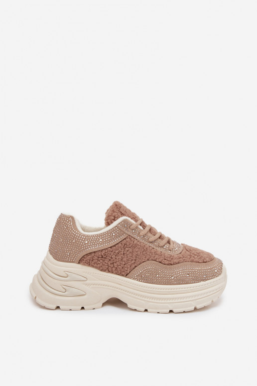 Sneakers Stilvollllschuhe Feminin mit blitzenden Augen und ein Pelzmantel Typu Baranek Beige Zarika