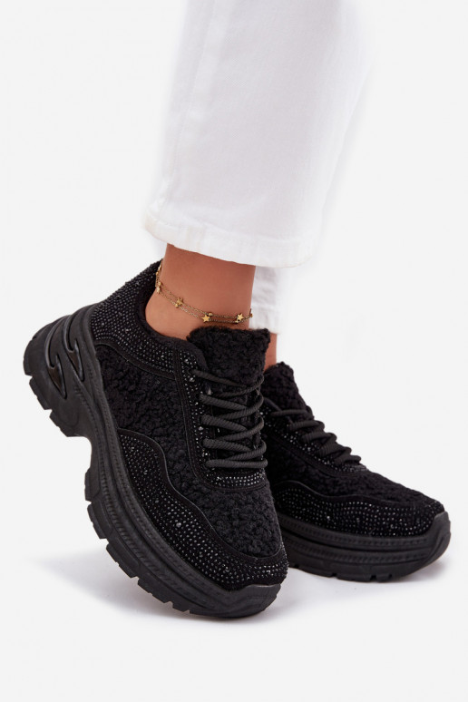 Sneakers Stilvollllschuhe Feminin mit blitzenden Augen und ein Pelzmantel Typu Baranek schZuarze Farbe Zarika