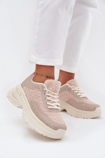 Damen Sneakers mit glitzernden Ösen und Lammfell elfenbeinfarben Zarika