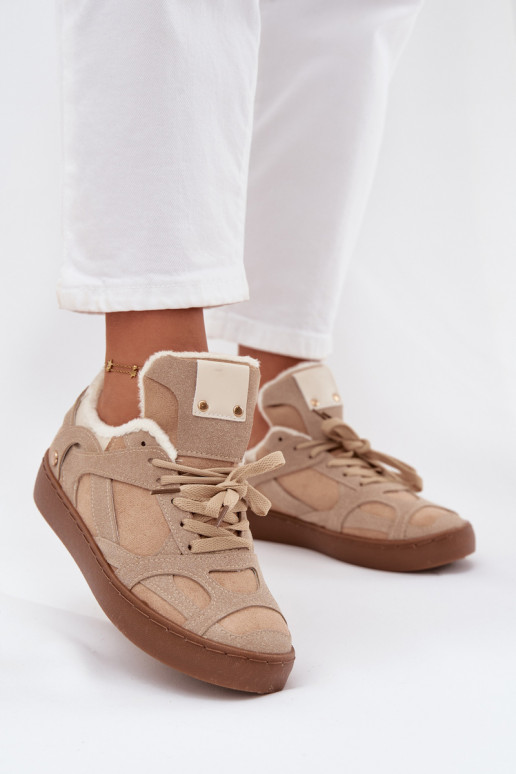 Sneakers Stilvollllschuhe Feminin mit einer Plattform sich Zuarm laufen mit Fell innen Beige Solvia
