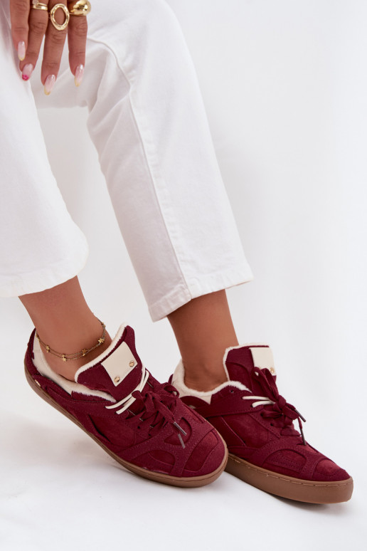 Sneakers Stilvollllschuhe Feminin mit einer Plattform sich Zuarm laufen mit Fell innen Burgund Solvia