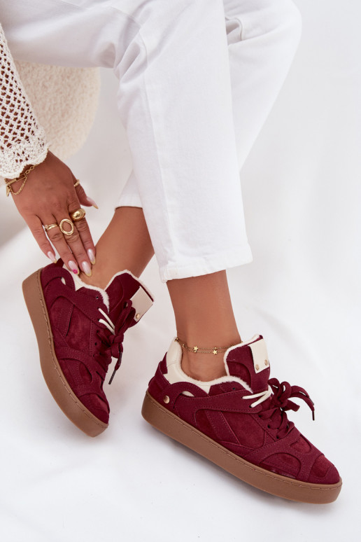 Sneakers Stilvollllschuhe Feminin mit einer Plattform sich Zuarm laufen mit Fell innen Burgund Solvia