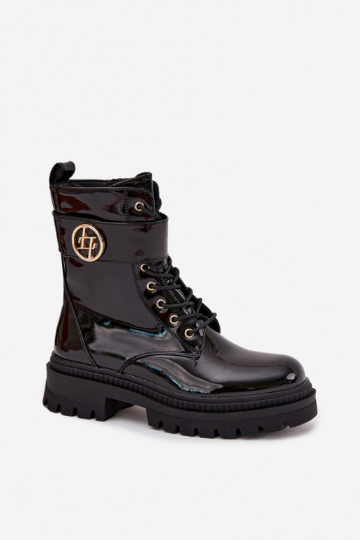 mit Lackeffekt Arbeitsstiefeletten Feminin Ze goldene Farbem Detalem sich Zuarm laufen schZuarze Farbe Fiorena