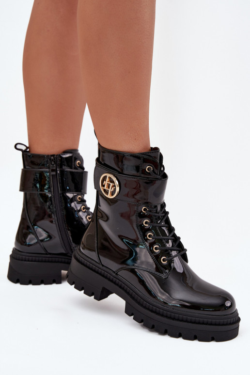 mit Lackeffekt Arbeitsstiefeletten Feminin Ze goldene Farbem Detalem sich Zuarm laufen schZuarze Farbe Fiorena