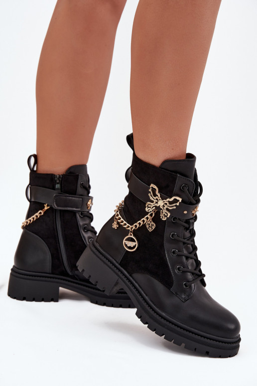 Arbeitsstiefeletten Feminin sich Zuarm laufen Ze goldene Farbem Mit Kette I ZaZuieszkami schZuarze Farbe Ravine