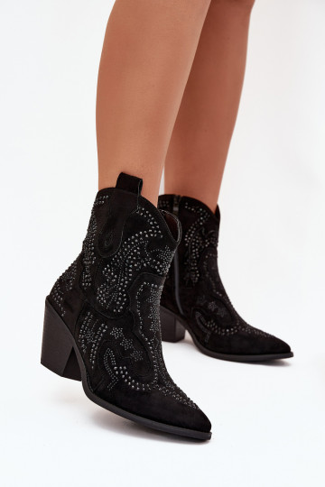 Wärmende Damen Cowboy-Stiefeletten mit Dekoration, schwarze Farbe Lelira