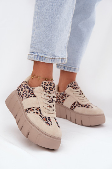 Beige gefütterte Wildleder-Damen-Sneaker mit Plateausohle und Leopardenmuster-Details Vinceza 66841