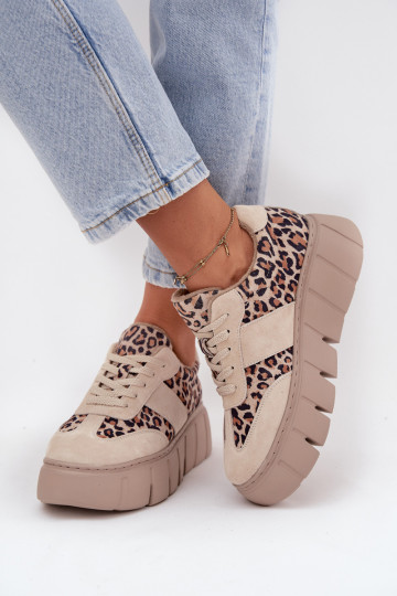 Beige gefütterte Wildleder-Damen-Sneaker mit Plateausohle und Leopardenmuster-Details Vinceza 66841 2