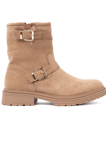 Karamellfarbe Schuhe z ozdobnymi goldenmi klamrami 2