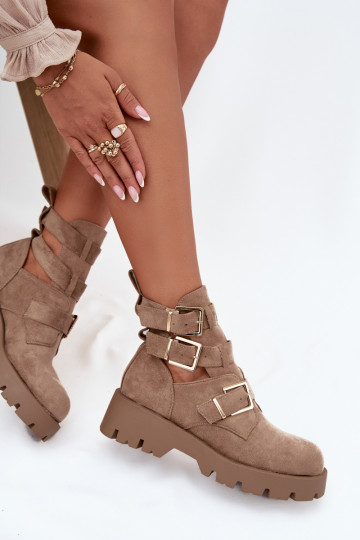 Damenstiefel mit Streifen I goldene Farbemi mit Schnallenmi Beige Helisse