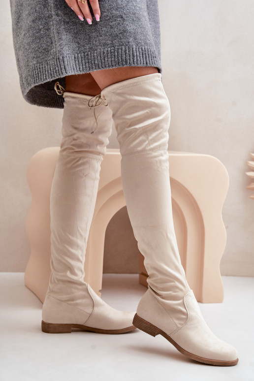 Stiefel mit breiten Absätzen oberhalb des Kniesaus Öko-INildlederu Beige Linnithia Stiefel mit breiten Absätzen oberhalb des Kniesaus Öko-INildlederu Beige Linnithia