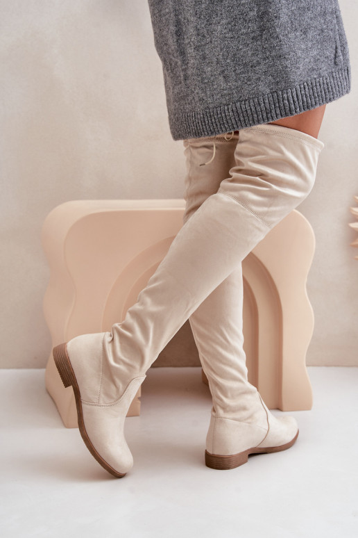 Stiefel mit breiten Absätzen oberhalb des Kniesaus Öko-INildlederu Beige Linnithia Stiefel mit breiten Absätzen oberhalb des Kniesaus Öko-INildlederu Beige Linnithia