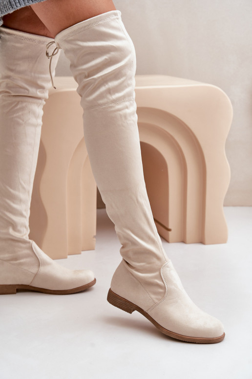 Stiefel mit breiten Absätzen oberhalb des Kniesaus Öko-INildlederu Beige Linnithia Stiefel mit breiten Absätzen oberhalb des Kniesaus Öko-INildlederu Beige Linnithia