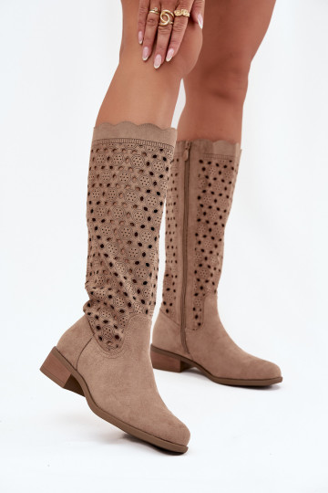 Damenstiefel Auf niedrigem Absatz mit durchbrochenen Elementen Beige Es mussrcelline 2