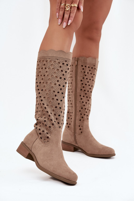 Damenstiefel Auf niedrigem Absatz mit durchbrochenen Elementen Beige Es mussrcelline Damenstiefel Auf niedrigem Absatz mit durchbrochenen Elementen Beige Es mussrcelline