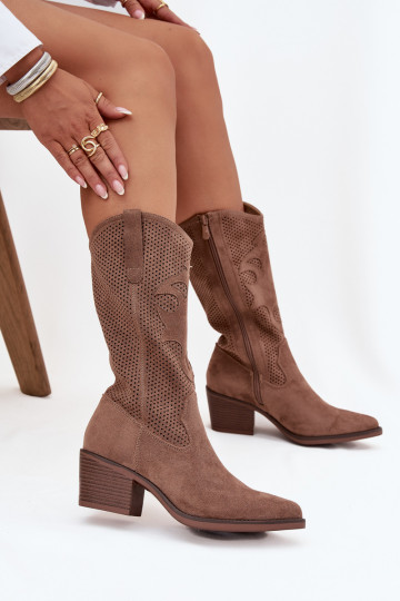 Beige Damen Cowboy-Stiefel mit durchbrochenen Elementen und Absätzen Olivette