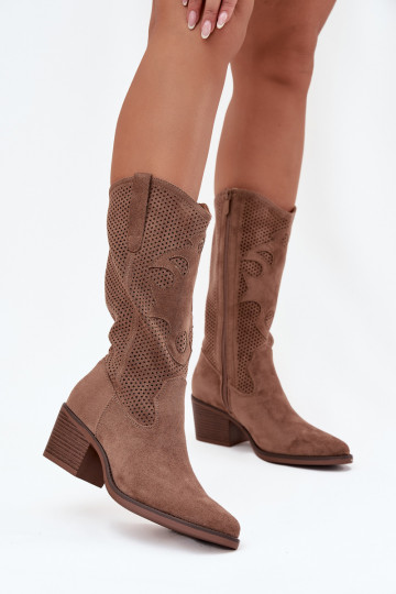 Beige Damen Cowboy-Stiefel mit durchbrochenen Elementen und Absätzen Olivette 2