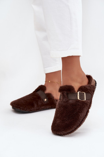 mit Pelzmantel Damenhausschuhe mit einer Plattform mit Riemen I mit Schnallen braune Farbe Noraline 2